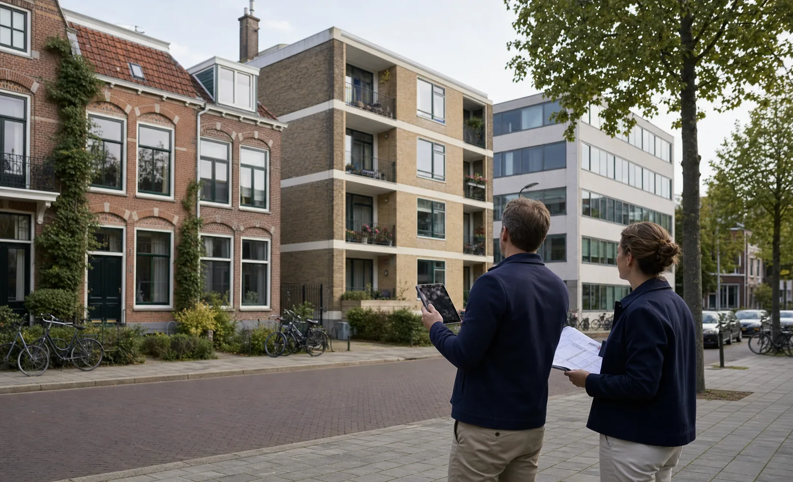 Adviseur en vastgoedmanager vergelijken verschillende gebouwen tijdens een portefeuillebezoek